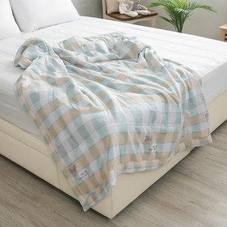 eyah 宜雅 蠶絲x石墨烯鋪棉涼被(水洗綿工藝) 150x180 黃綠格遊戲 單人/雙人 涼感被, 1入