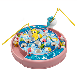 OhBabyLaugh 電動釣魚盤，內附24隻小魚，360度旋轉，有音樂模式, 櫻花粉, 1個