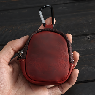 真皮頭層瘋馬牛皮多功能零錢包 拉鍊開口, 咖啡色, 7.5 x 8.5 x 2.5cm