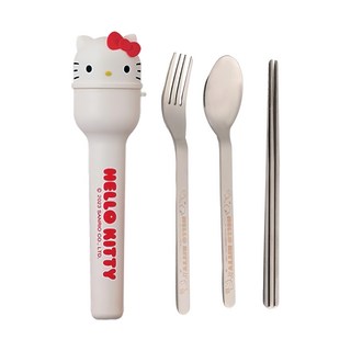 Sanrio 三麗鷗 Hello Kitty 凱蒂貓 隨行不鏽鋼餐具組, 湯匙 + 筷子 + 叉子 + 收納盒, 白色, 1組