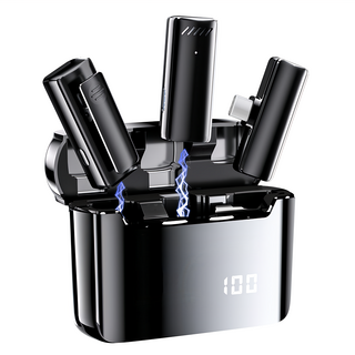 ANTIAN 一拖二無線領夾麥克風 S13，數顯充電倉，適用於智慧型手機，黑色, XT-25