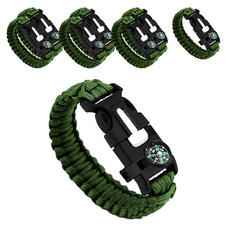 上手家居 5合1露營傘繩手環 傘繩編織/求生手環/戰術手環/登山用品/打火石/口哨/指南針/小刀, 軍綠色, 8個