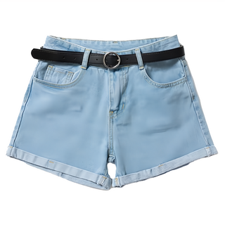 葉子小舖 牛仔短褲 反折高腰 棉+聚酯纖維 XXL(2XL), 淺藍