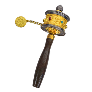 藏傳六字箴言手搖轉經輪, 摩尼寶珠頂部, 實木手柄, 蓮花墜子, 黑配金, 1個