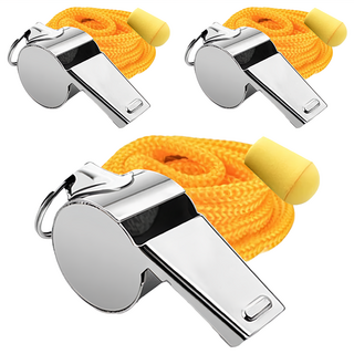 AHOYE 裁判級不鏽鋼哨子 木蕊設計 清脆響亮 掛繩設計, 銀色 + 黃色繩子, 3個