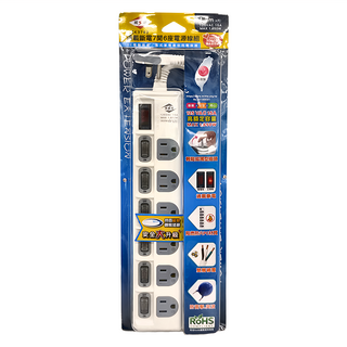 WeiTien 威電 過載7開6座電源線組, 125VAC 15A, 最大1650W, 輕鬆拔薄型插頭，防雷擊突波吸收, 1.2m, 白色, 1個