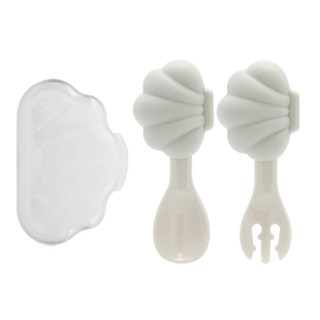 Edison 貝殼造型矽膠餐具組, 奶油色, 湯匙 + 叉子 + 收納盒, 1組