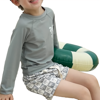 男童長袖分體泳衣 + 泳褲 + 泳帽有綁帶