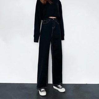 YIWOYI 伊薇衣 HL645 高腰明線直筒牛仔寬褲, XL