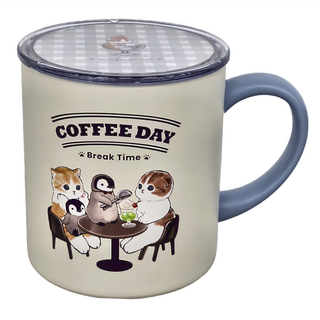 貓福珊迪 mofusand COFFEE DAY 不鏽鋼馬克杯附蓋 400ml, COFFEE DAY 藍色 + 白色, 1個