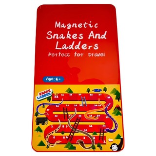 YouRPUZZLE 鐵盒桌遊-蛇梯棋G2487, 磁性便攜，親子互動學習卡牌遊戲, 紅色, 1入