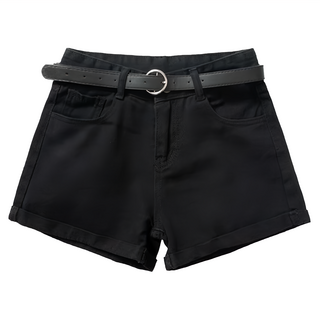 葉子小舖 高腰牛仔短褲 黑色 含腰帶, M