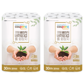 Coupang Basics 基本款三層捲筒衛生紙 30捲 高溫蒸氣處理 無螢光劑 無甲醛, 30m, 2袋
