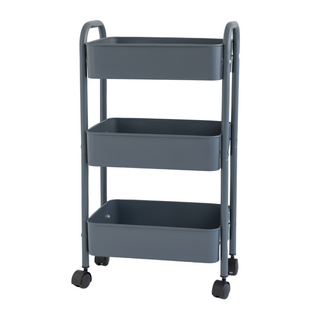 KI WISH 居家生活 三層拉籃推車 深藍色 鐵網籃 39x22x69cm, 冷灰藍