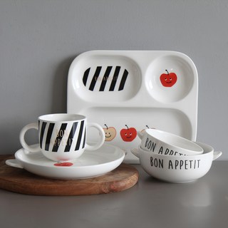 DOHO D-BONA 蘋果兒童餐具組, 蘋果, 分格餐盤+圓餐盤+飯碗+湯碗+杯子, 5件