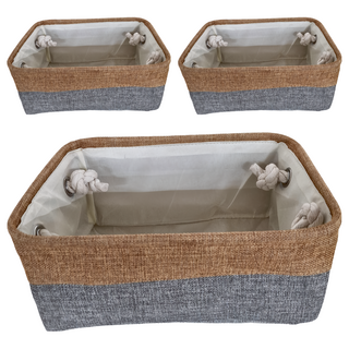 妃妃嚴選 加厚亞麻收納籃, 小, 棕色 + 灰色, 3個