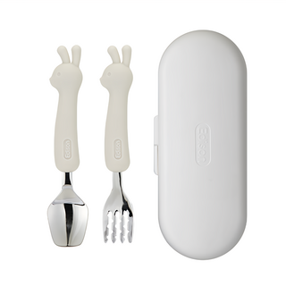 Edison 兔子款矽膠柄兒童餐具組，包含專用收納盒, 兔子 奶油色, 1組