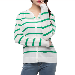 CARET 女款薄針織衫 夏季條紋寬鬆開襟衫 加強領口與袖口彈性, Free Size, 綠