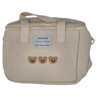 Mega 可愛刺繡小熊保溫包, 肩帶防勒, 多功能, 24 x 19 x 13cm, 米白色, 1個