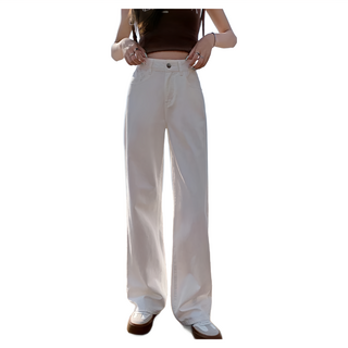 高腰素面顯瘦直筒牛仔寬褲, S(腰寬30cm + 臀寬45cm + 褲檔長29cm + 褲管寬18cm + 全長99cm), 白