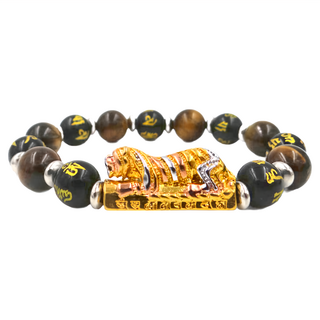 喜緣玉品 金虎爺發財咒旺運念珠，10mm圓珠 黑曜石/紅瑪瑙/虎眼石，真金電鍍, 1個