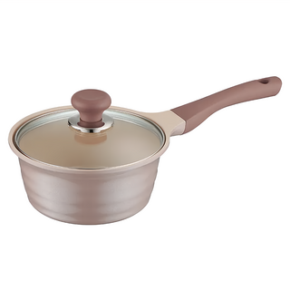 Kinyo 電磁爐適用 陶瓷不沾長柄湯鍋 附蓋, 18cm, 淺米色 握柄淺棕色, 1個