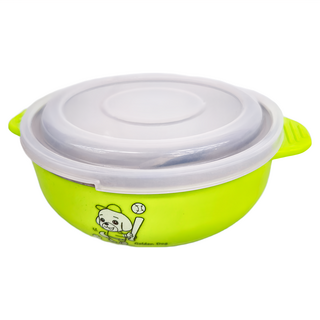 OSAMA 王樣 304不鏽鋼兒童碗 韓式卡通碗(中) 直徑12cm, 綠色 + 銀色, 碗 + 湯匙, 1組