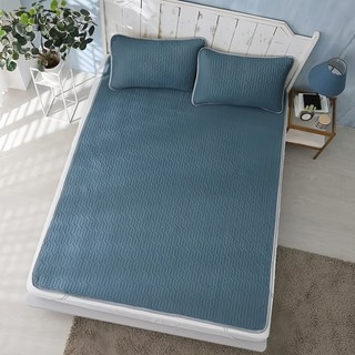 Ishur 伊舒爾 乳膠冰絲三件套 防蹣抗菌 柔軟舒適 輕薄透氣, 涼蓆墊 + 枕套 x 2, 雙人, 冰炫青