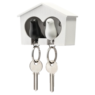 QUALy Mini Duo Sparrow Key Ring 迷你雀兒愛巢, 白屋 + 白鳥 + 黑鳥, 1組