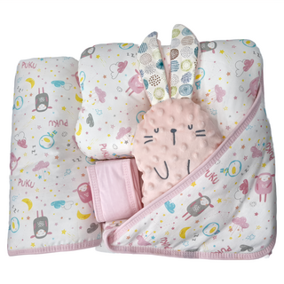PUKU 藍色企鵝 雲朵抱抱晚安禮盒, 雲朵枕32 x 22 x 4~9cm + 薄被100 x 75cm + 包巾75 x 75cm + 玩偶21 x 15cm, 粉眠羊