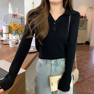 翻領小V領鈕扣長袖打底衫, 肩寬37 x 胸寬40 x 袖長49cm 全長52cm, 黑色