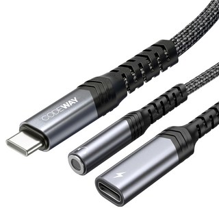 CODEWAY USB-C轉3.5mm耳機孔 + Type-C 高效充電雙孔轉接器, 單一商品, 灰色, 1條