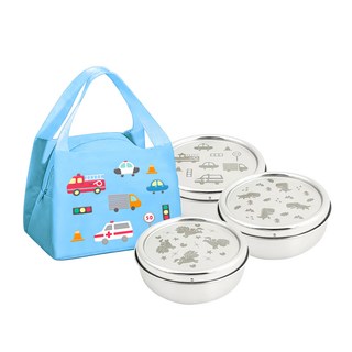 KOM 316不鏽鋼兒童隔熱碗3入組 附匙+便當袋, 1組