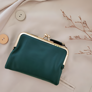 真皮女士金口中夾, 高級羊皮, 10卡位, 綠色, 14 x 10 x 2cm