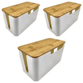 木蓋電線收納盒 時尚集線盒 ABS+竹板材質 收納大容量, 白色 + 原木色, 3個