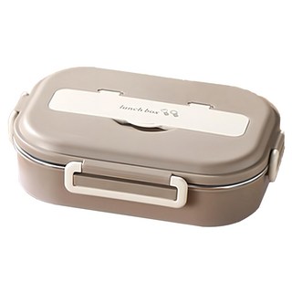 Mega 日式簡約304不鏽鋼四格便當盒 27.5x20x7.5公分, 卡其, 附餐具 + 湯碗, 2個
