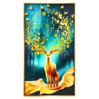 命運好好玩 湯鎮瑋 黃金發財鹿晶鑽畫 富貴雙鹿 黃金葉 符合文公尺吉數, 金色, 1個