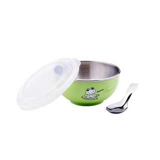 ZEBRA THAILAND 304不銹鋼兒童隔熱碗, 11cm, 250ml, 雙層隔熱設計, 可愛造型圖案, 綠色, 1組, 附湯匙