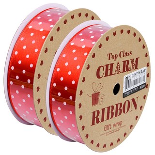 Good given Joheun Gibun 緞面圓點緞帶 25mm, 13.7m, 2個, 圓點 紅色