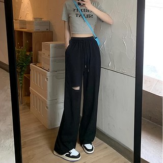 女款 寬鬆不修邊鬆緊破洞長褲, M(27~44cm), 黑色