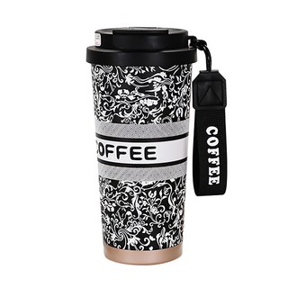 316不鏽鋼雙飲晶瓷咖啡隨行杯 帶茶倉款 18.5 x 9.2cm, 黑鈴蘭紋, 500ml, 1個