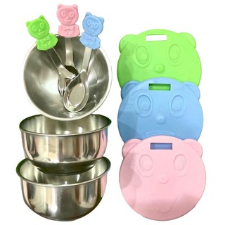 304不鏽鋼兒童碗 馬卡龍色碗蓋附湯匙三件組 11 x 6cm, 1組, 果綠色 + 淺藍色 + 嫩粉色