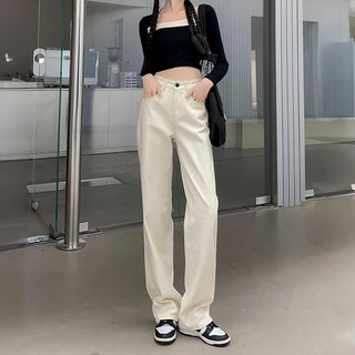 高腰素面直筒牛仔寬褲, XL, 米白色