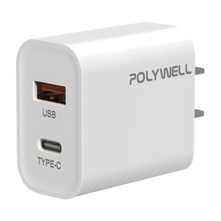 POLYWELL 寶利威爾 雙孔PD充電頭 20W Type-A + Type-C, 白色, 1個