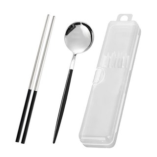 Green Bell 綠貝 極簡黑白餐具盒 304不鏽鋼 PP聚丙烯 輕巧耐用方便攜帶, 筷子 + 湯匙, 黑色, 1組