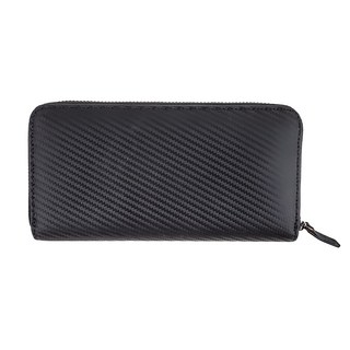 真皮碳纖維牛皮 16卡位全開式拉鍊男士長夾, 19 x 10 x 2.5cm, 黑色