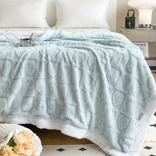 寢室安居 塔芙絨 + 羊羔絨 韓系 3D 立體緹花 抗靜電保暖毯被 1.6kg, 霧霾藍