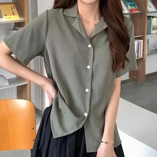 原版短袖襯衫，棉+聚酯纖維材質, 胸寬48cm 袖長22cm 全長55cm 肩寬37cm, 墨綠, 1件