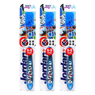 Jordan 兒童牙刷, 6-9歲適用, 柔軟刷毛, 清潔乳牙和恆牙, 顏色隨機, 1入, 3支