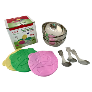 A-OK 304三入兒童ST碗組 附湯匙 11.5cm, 3個不鏽鋼碗 + 3個彩色碗蓋 + 3支湯匙, 1組, 彩色